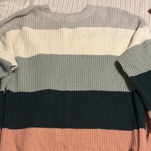 Hollister Women's Striped Sweater in Cream, Gray, and Pink